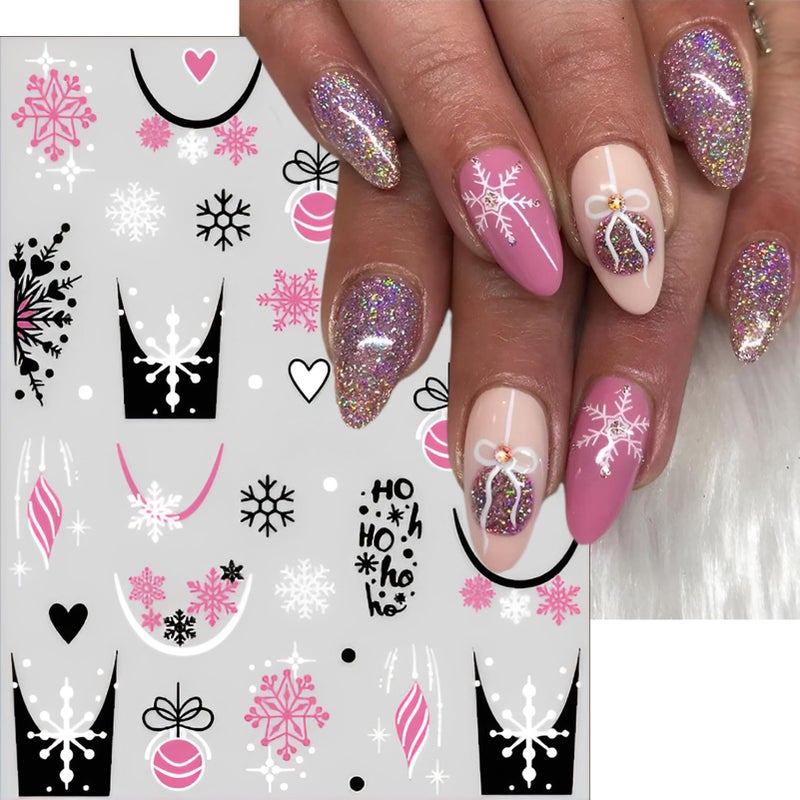 winthrop 6 Sheet Christmas Nail Stickers Pink Snowflake Tree Reindeer Nail Decals – Cute 3D Self-Adhesive Winter Nail Art Decorations for Women Girls Holiday Manicure - Image 3